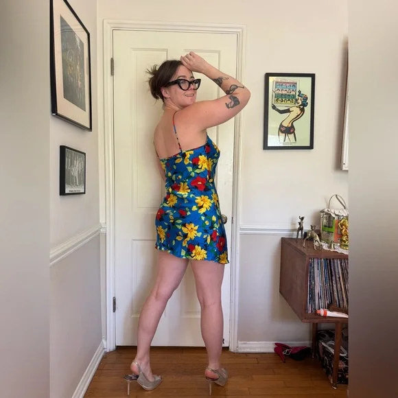 90s Vintage Bright Blue Floral Silk Slip Dress - Picture 2 of 8